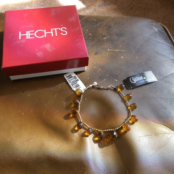 Vintage Women's Sterling Silver Bracelet w/ Dangling Amber Beads - Picture 1 of 2